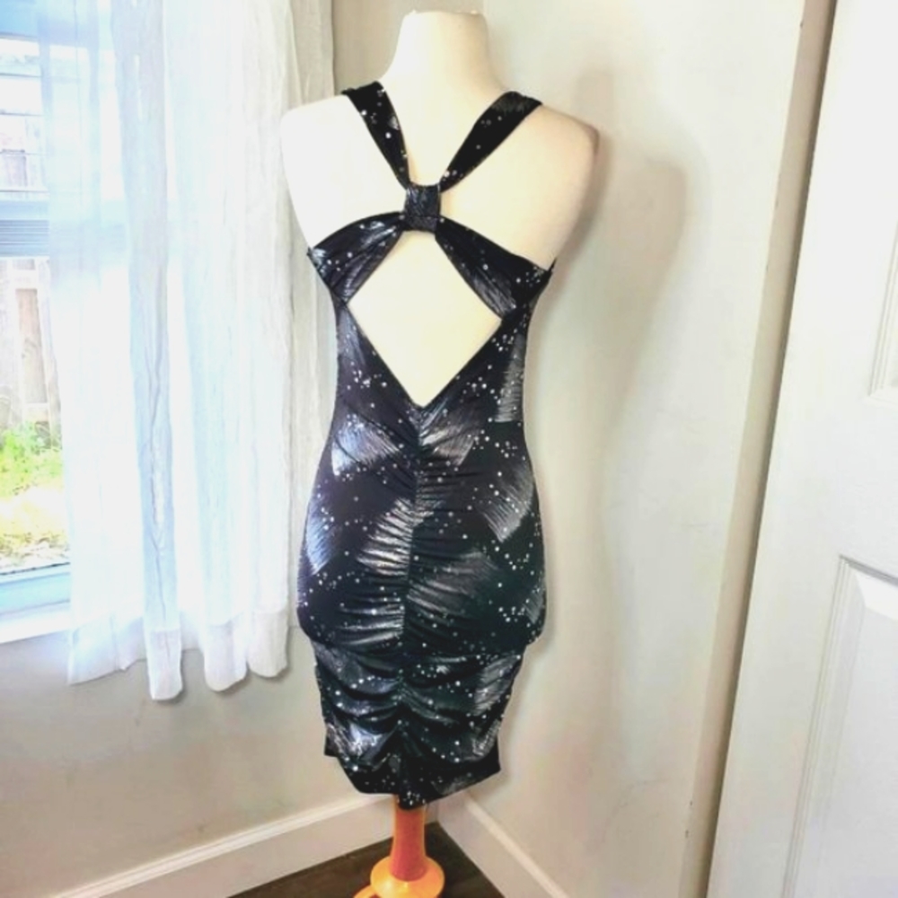 Dress Taboo Women Low Neckline Crossed Cutout Back Silver Sparkle Black Dresses - Picture 9 of 11